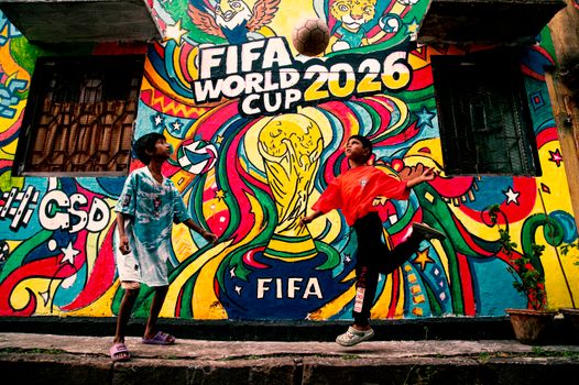 Scorebord met stand fifa wk 2026 en supporters die naar de poulestanden kijken